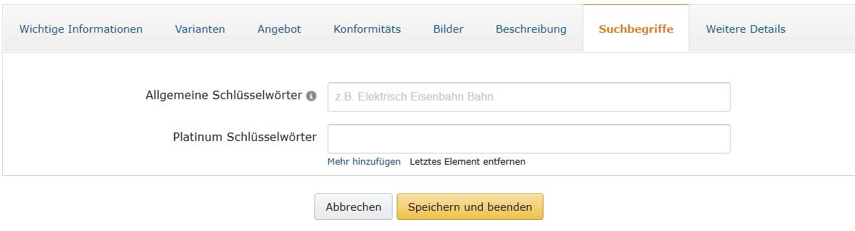 Screenshot Amazon Schlüsselwörter