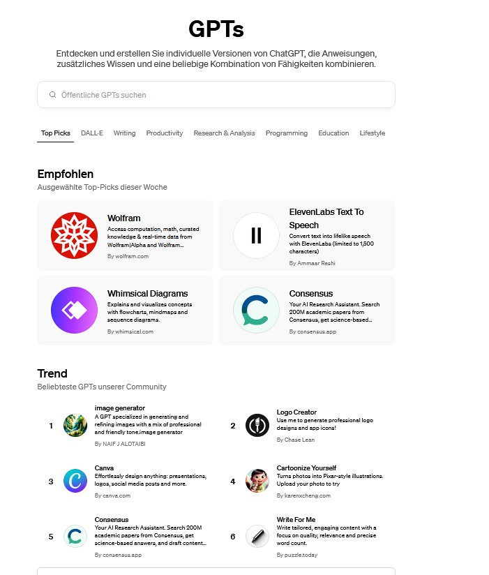 Auswahl an GPTs bei OpenAIs ChatGPT