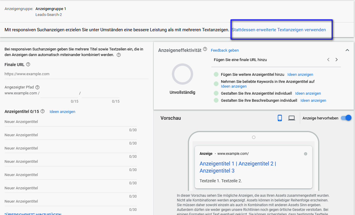 Auswahlmöglichkeit Erweiterte Textanzeigen