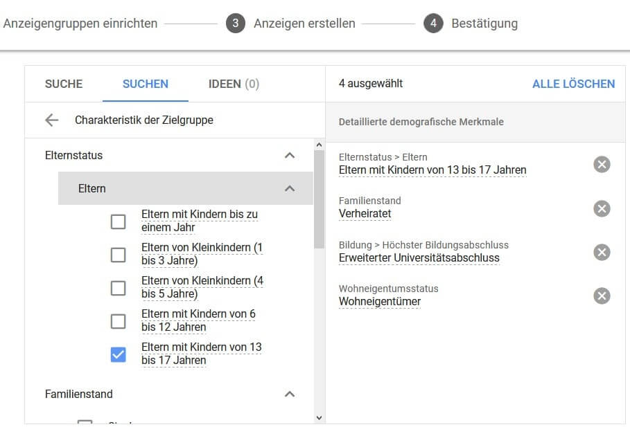 Screenshot Charakteristik der Zielgruppe Google Ads