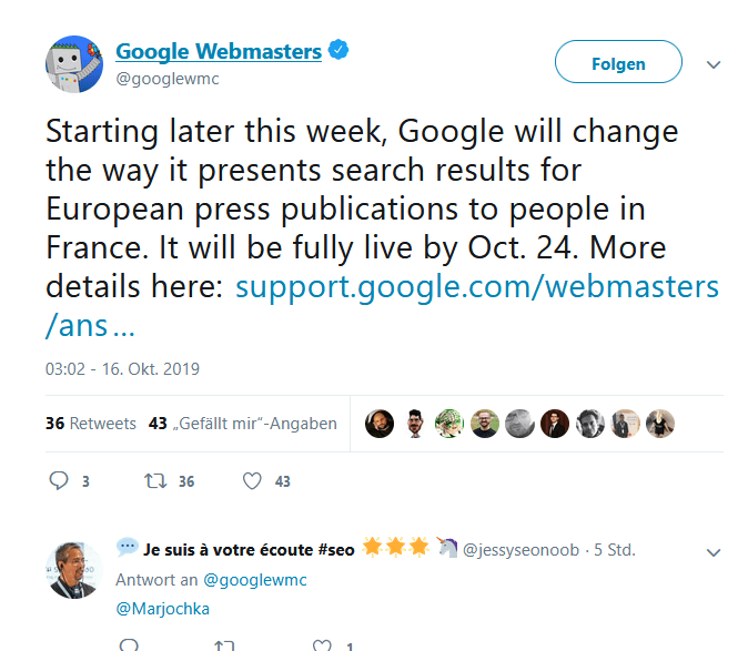 Screenshot Twitter Google Webmaster Urheberrecht Frankreich kein Snippet