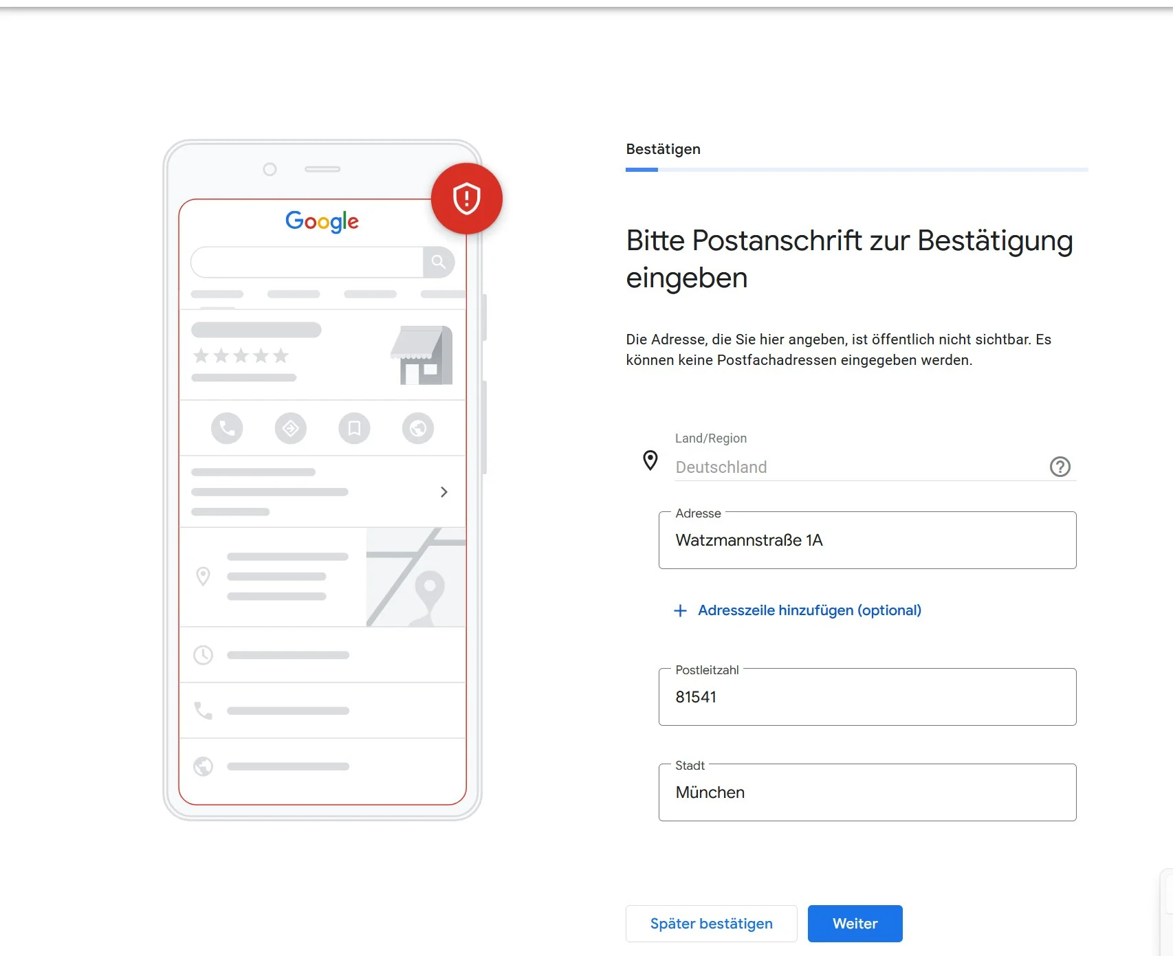Postanschrift zur Bestätigung des Google Unternehmensprofils eingeben