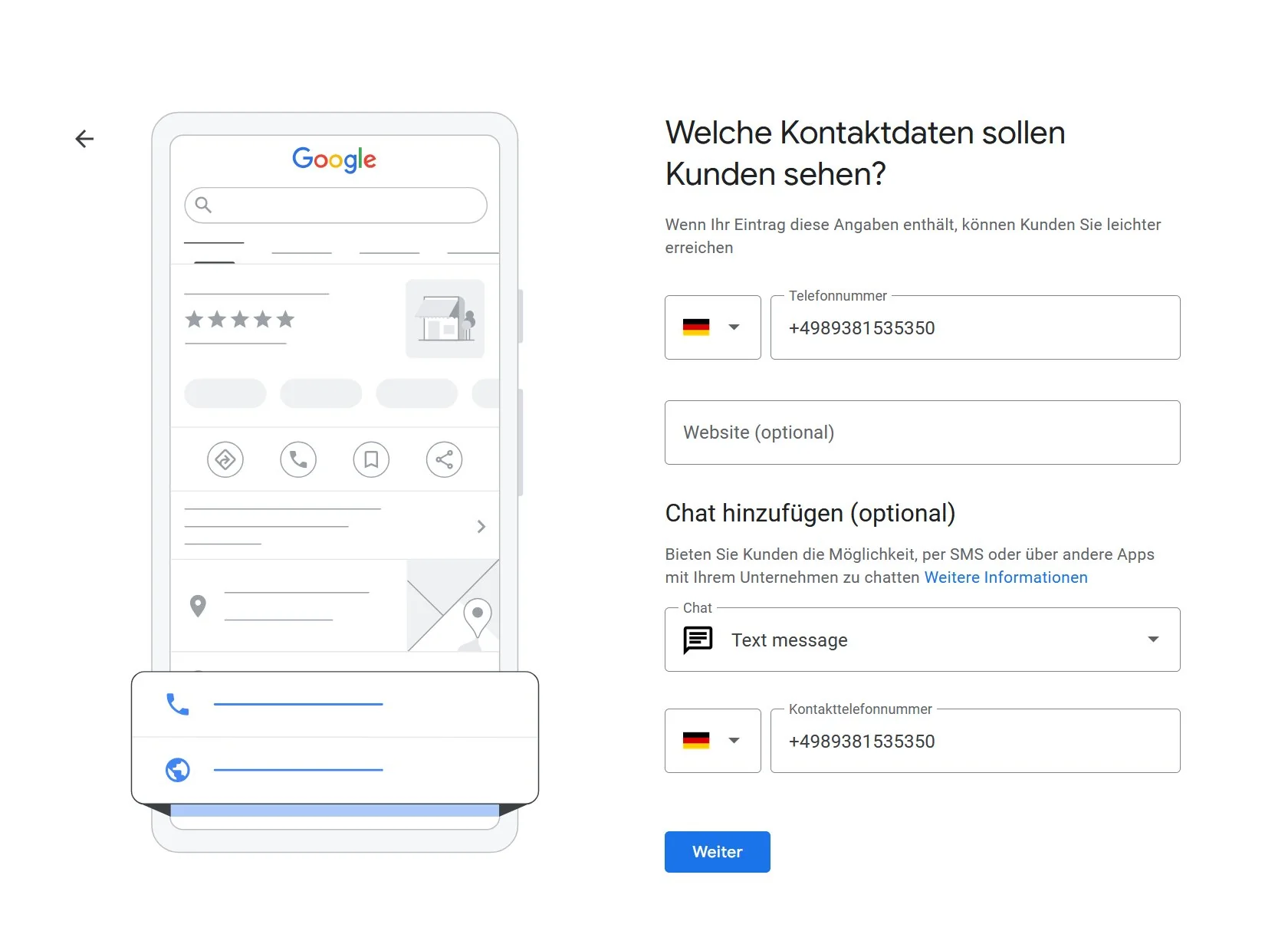 Kontaktdaten und Telefonnummer im Google Unternehmensprofil hinterlegen