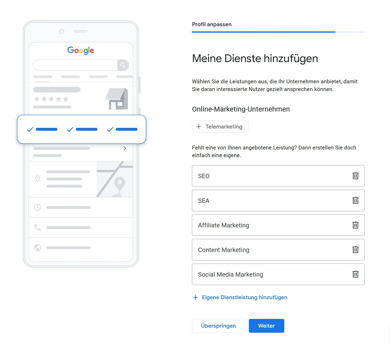 Leistungen und Services im Google Unternehmensprofil hinzufügen